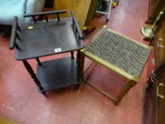 String topped bobbin legged stool and a galleried top two tier occasional table