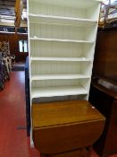 Tall modern white bookshelf, polished gate leg table, another gate leg table etc (a parcel)