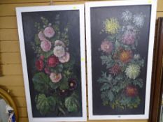 Oils on canvas, a pair - still life, flowers, 90 x 45 cms