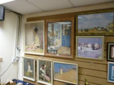 Three figural prints - Oriental ladies, a print of two female figures walking on the beach, a