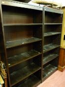 Pair of five shelf open bookcases, light wood oak effect open bookcase and a medium colour six shelf