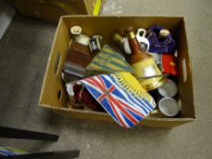 Box of mixed porcelain including Bells commemorative bottle etc