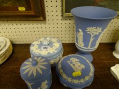 Wedgwood Jasperware vase, two other items of Wedgwood Jasperware and Wedgwood lidded container