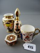 Royal Crown Derby small globular vase, a bell and a lidded patch box and a similar pattern small