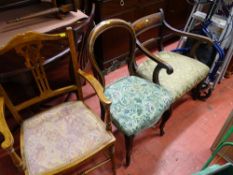 Pair of French style hall chairs, other antique chairs including a delicate elbow chair etc