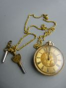 Vintage gold colour keywind pocket watch with two winding keys on a base metal necklace chain