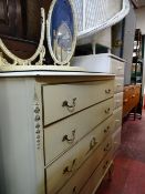 French Provincial style five drawer chest and triple dressing mirror