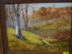Early 20th Century English School oil on canvas - lake scene with trees and boat, indistinctly