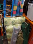 Wooden stepladder, selection of beach windbreakers, curtain tracks, sealed as new garden lounger,