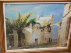 Gilt framed print - Continental street scene after the original oil, indistinctly signed