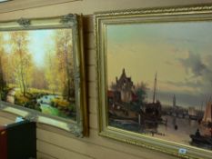 RENE oil on canvas - riverside and country scene in a gilt frame, 59 x 89 cms and another similar