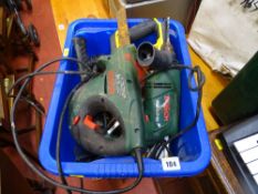 Blue tub containing Bosch power tools, small Stanley plane and a Bradex Super battery charger,