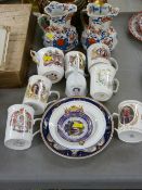 Parcel of commemorative china, unusual copper lustre jug, other copper lustre ware and two Masons