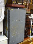Metal travel trunk inscribed 'Karen J Lees' and a small studded footstool