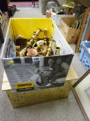 Brass coal box and a box of brass candlesticks and copper items