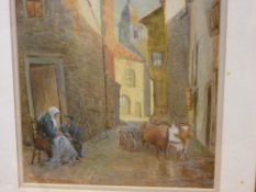 W G FITZSIMMONS watercolour - street scene with cattle and figures, dated 1886, 29 x 19 cms