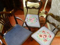 Pair of antique style tapestry floral upholstered chairs and a wheatsheaf back elbow chair