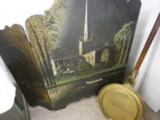 Long handled bedwarming pan and a japanned firescreen with churchyard image