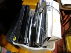 Small Hitachi LCD TV, Toshiba DVD/VCR DVR20, a Toshiba DVD video player, Sky Plus HD box,