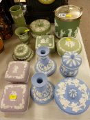 Excellent parcel of Wedgwood Jasperware including two lilac lidded boxes, green Jasperware including