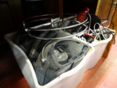 Two tubs of various desk lamps, Bissell cleaner etc E/T