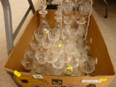 Box of good drinking glassware and a graduated set of two decanters with stoppers etc