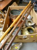 Small parcel of walking sticks and a box of copper and brassware