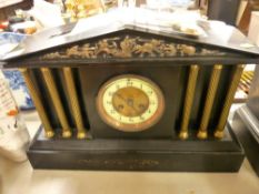 Excellent triple pillared steeple topped slate mantel clock with brass dial, pendulum and key