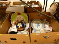 Two boxes of mixed porcelain including a good copper lustre jug, Continental charger etc