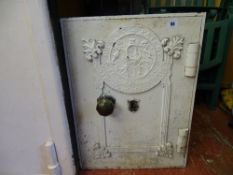 Small white painted safe and key with 'Millers Patent Fire Resisting Stronghold Fast Safe' plaque