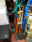 Two Bosch strimmers, two Flymo strimmers, a Quality Kent & Stow spade and other long handled