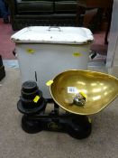 Enamel bread bin, an old iron scales with brass weights and a copper kettle