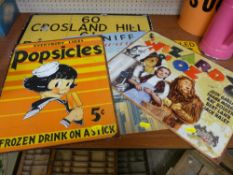 Good reproduction tin advertising signs - Wizard of Oz, Popsicles etc