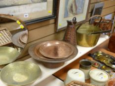 Brass jam pan, another brass pan with iron handle and a quantity of copper and brass items