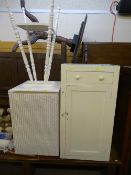 Vintage white painted small cupboard, loom style ottoman basket and a white painted occasional