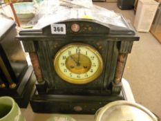 Excellent compact slate mantel clock with marble pillared supports, key and pendulum present