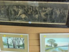 Two similar watercolours - countryside scenes and an antique print - maidens on horseback
