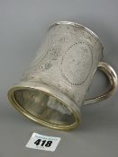 White metal chased decorated glass bottomed tankard, unmarked