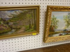 Unsigned oils, one on canvas, one on board - riverside scenes, 14 x 23 cms and 18 x 24 cms