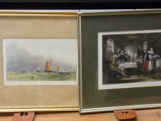 After DAVID COX mezzotint - shipping scene, 16 x 27 cms and an engraving entitled 'Gil Blas at