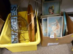 Box of various prints and a tub of miscellaneous items