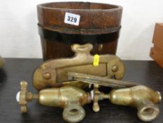 Vintage brass taps, letterbox and a metal banded pail