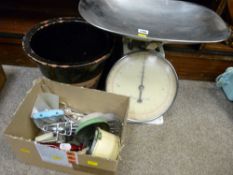 Good set of kitchen scales, earthenware planter and similar items