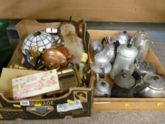 Box of mixed vintage items including copper kettle, Tiffany style lampshade etc and a box of