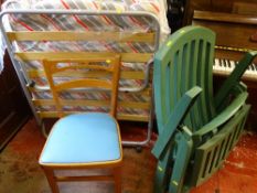 Folding put-u-up bed, a kitchen chair and an plastic garden recliner
