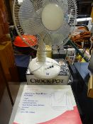 White three speed office desk fan, a Hyko Hurricane hand dryer HD1800 and a boxed crock pot slow