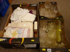 Two boxes of good glassware and a box of mixed linen
