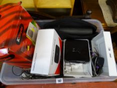 Tub containing a cased Optomex Auto Telephoto zoom lens, dashcams, home phone system, Vodafone