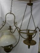 Two Victorian style brass effect hanging lamps, one with shade
