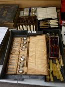 Cased apostle spoon and tong set, other cased cutlery and a tray of loose cutlery